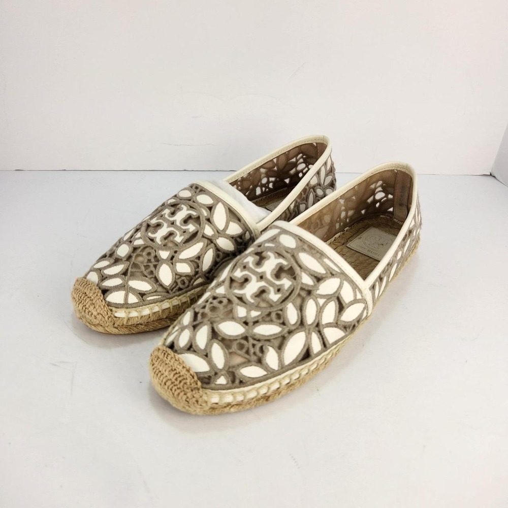 Tory Burch Women's Size 9 Beige Ivory Embroidered Logo Canvas Espadrille Flats